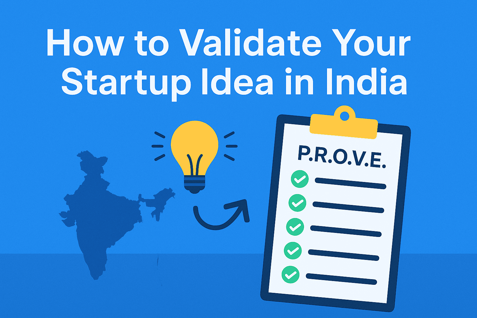 Startup idea validation in India – visual showing the P.R.O.V.E. framework steps with icons for problem, research, offer, validate, and evaluate. Designed for 2025 Indian founders exploring how to test startup ideas before launch.