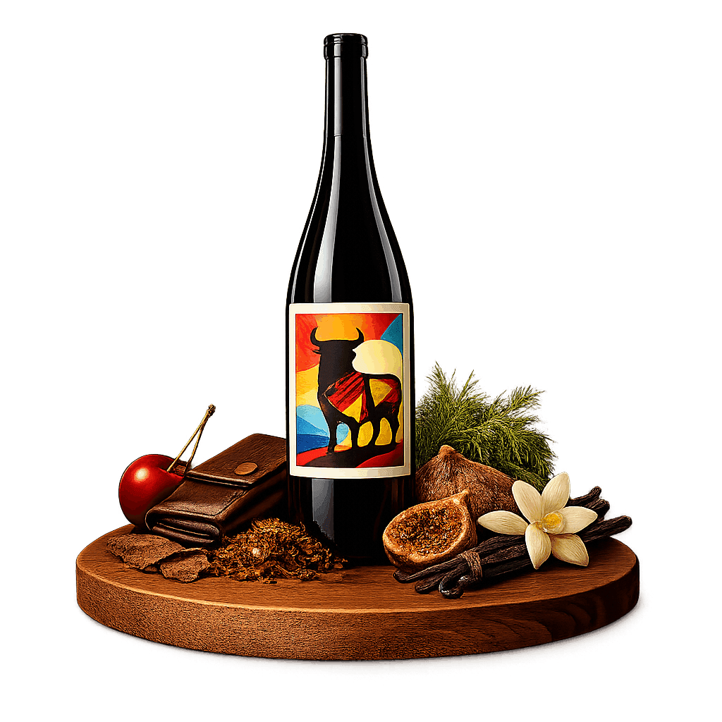 Artistic label and flavor profile for Spanish Tempranillo on a rustic wooden table.
