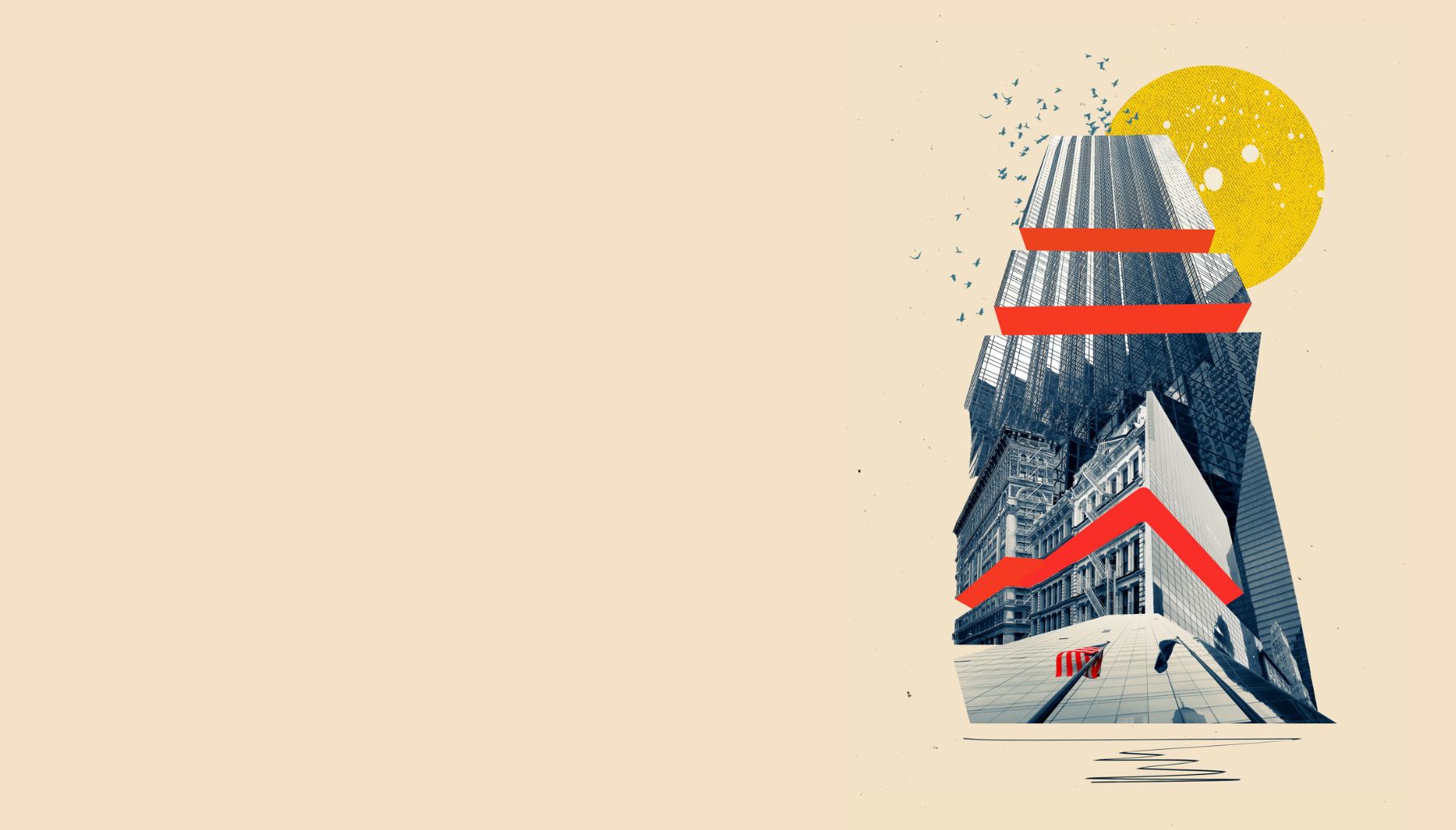 Surreal collage of stacked architectural buildings with red zigzag lines and a sun, used as a hero image for an article on software engineer salaries in NYC.