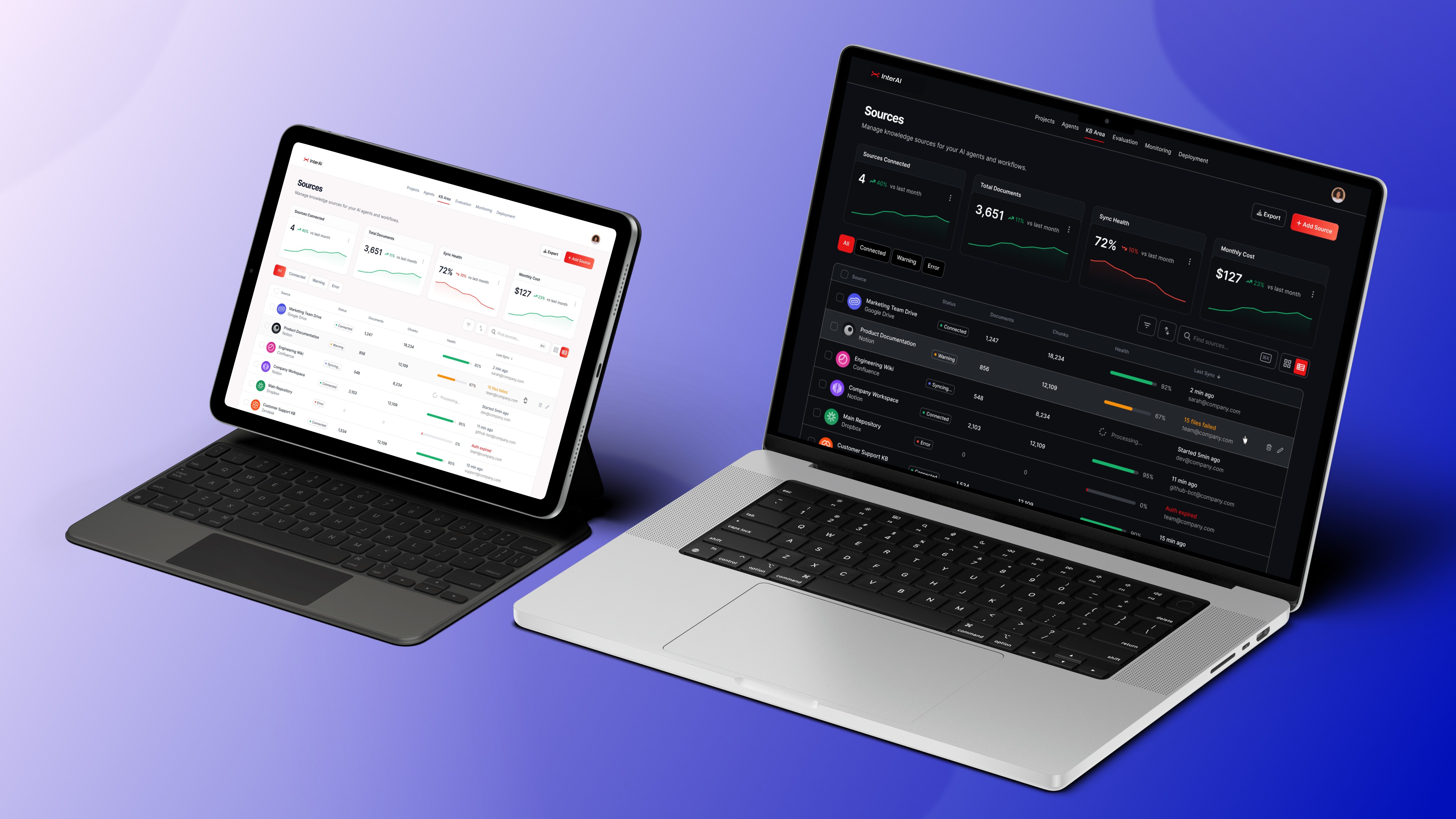 InterAI Add Source Wizard MVP interface on tablet and laptop—Sources dashboard with metrics, pre-flight checks, and real-time status.