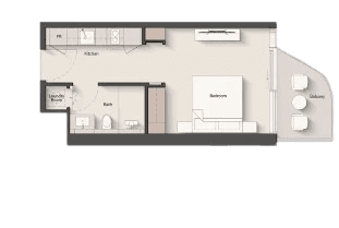 studio apartment floor plan at Portside Square Marina, detailing room arrangement and space allocation.