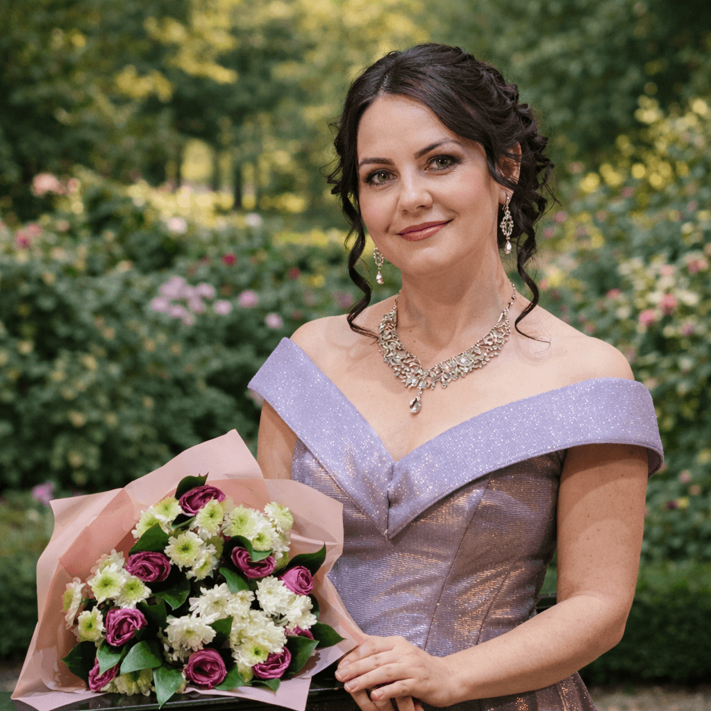High-angle fish-eye portrait of a woman in a pink top near flowering bushes.