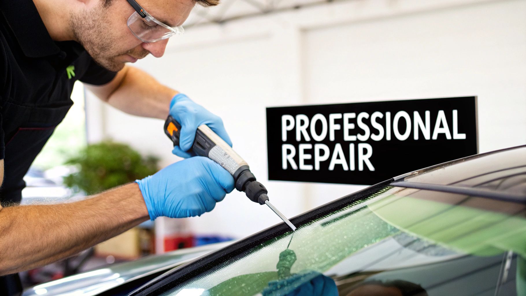 A professional technician in safety glasses and blue gloves repairing a rock chip on a car windshield.