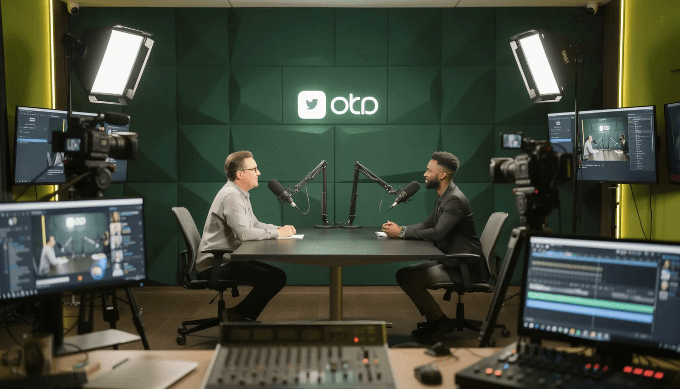 L'image montre un studio de podcast vidéo moderne, équipé d'un éclairage professionnel et de plusieurs caméras, dans des teintes de vert lime et forêt. Cet environnement dynamique est idéal pour les créateurs souhaitant renforcer leur marque personnelle et améliorer leur visibilité sur les réseaux sociaux.