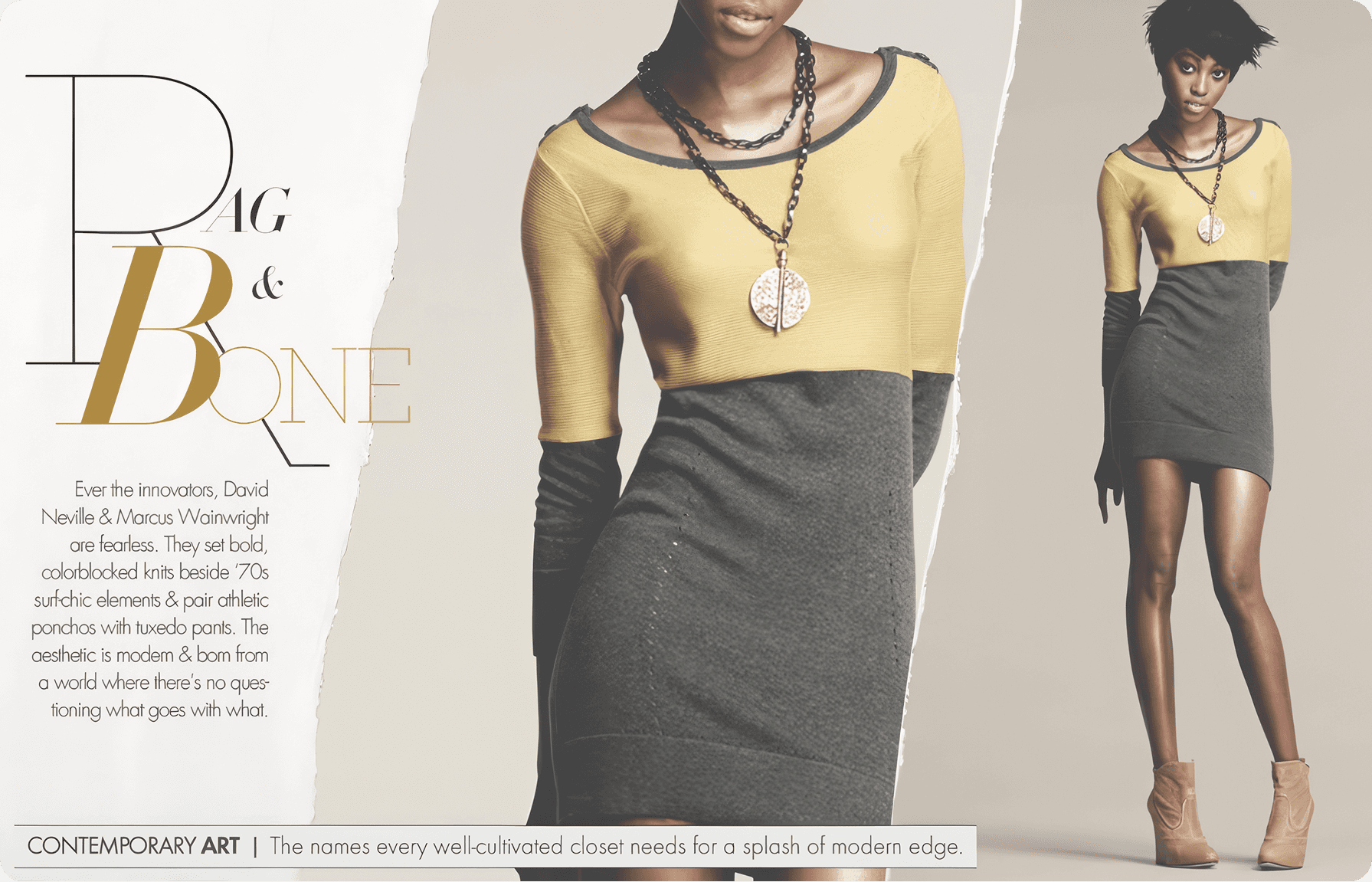 Neiman Marcus fashion editorial featuring model in yellow sweater and gray skirt with contemporary art styling