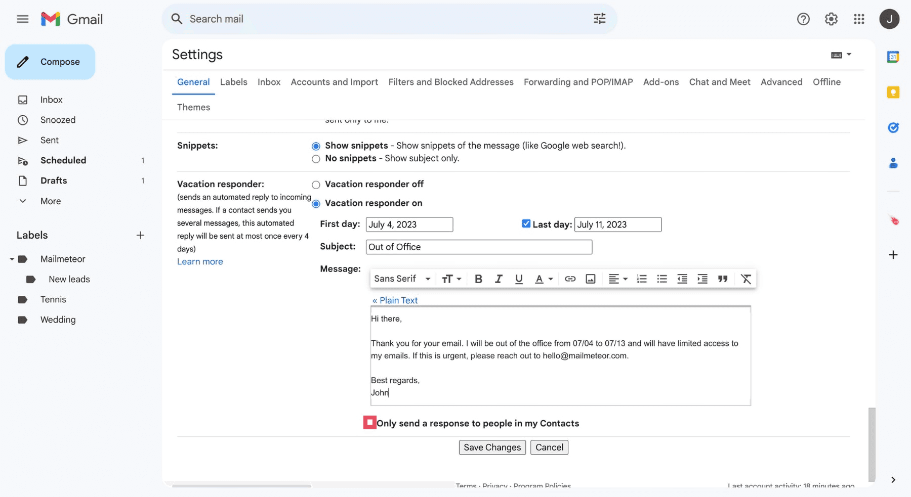 Only send a vacation reply to your contacts