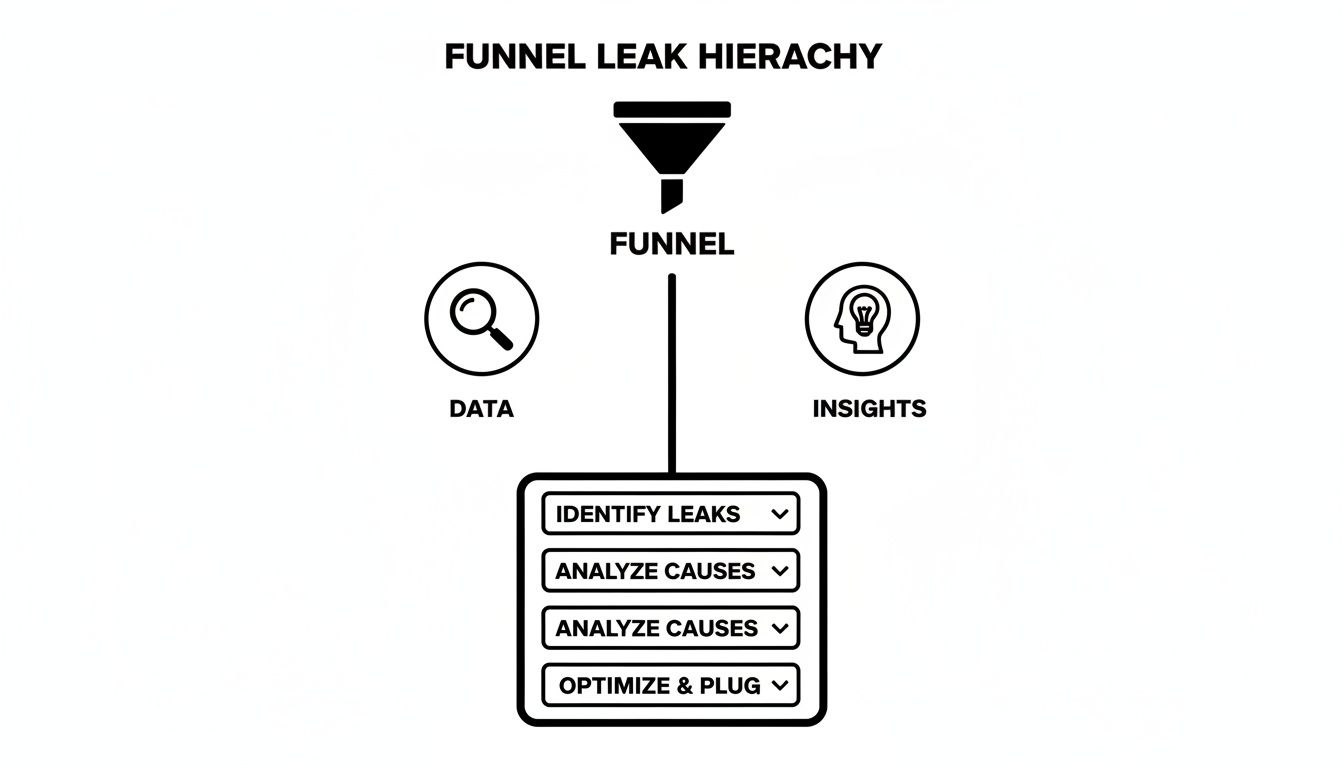 Diagram illustrating a funnel leak hierarchy, from data and insights to identifying, analyzing, and plugging leaks.