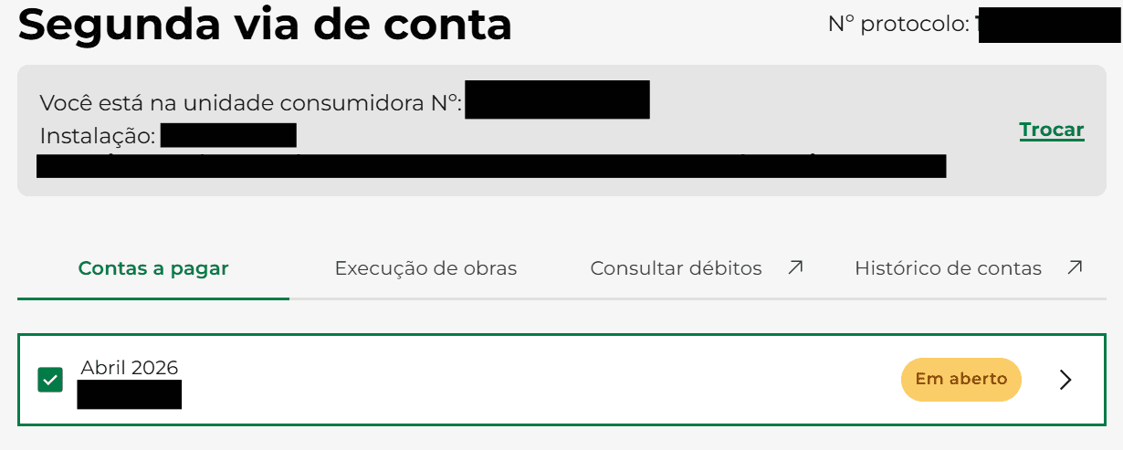 tela para emissão de segunda via da conta de luz no cemig atende