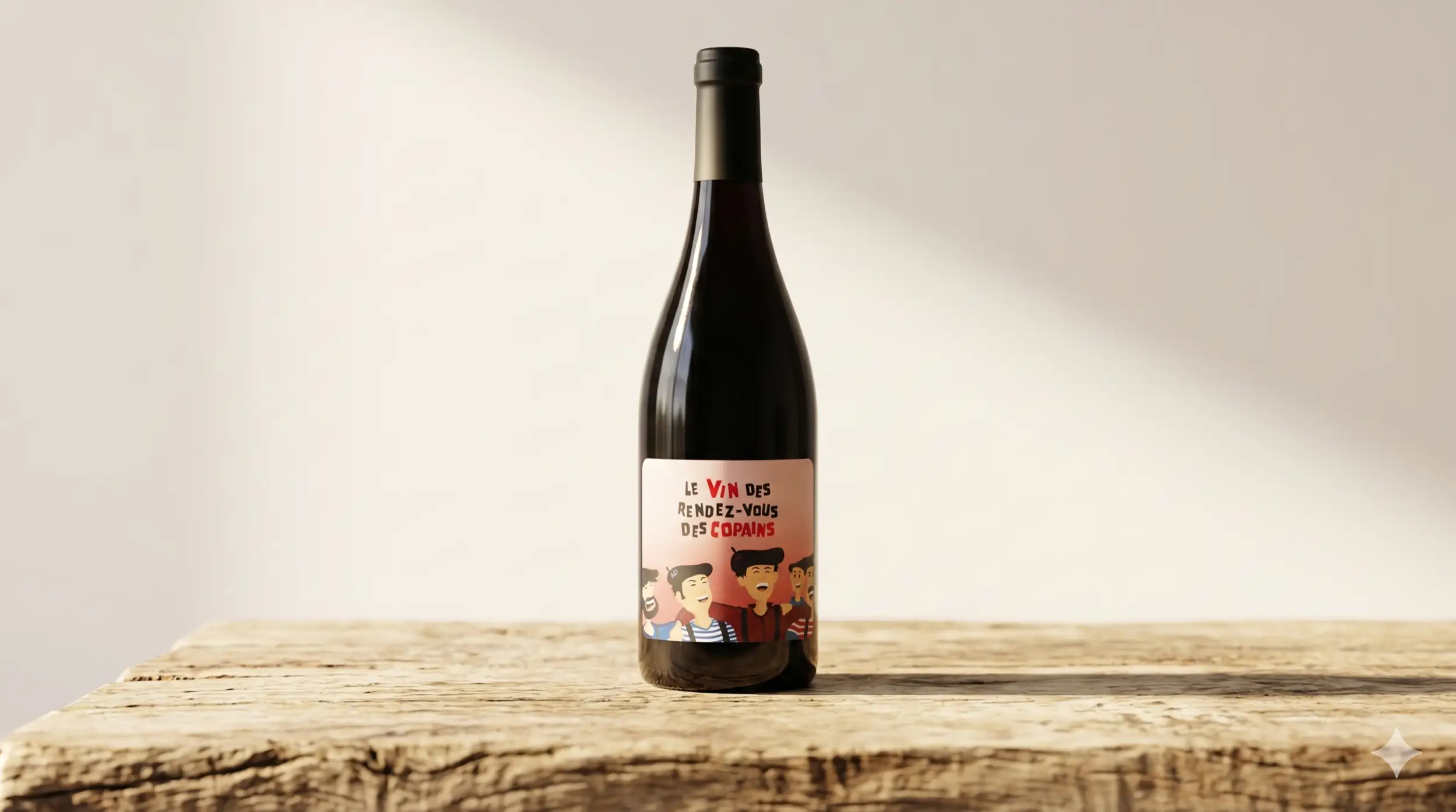 Une bouteille de vin rouge posé sur une table en bois