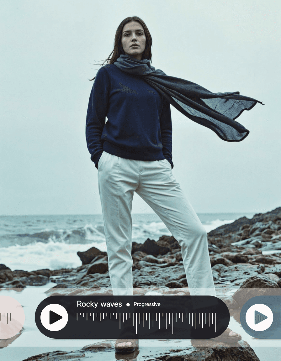 AI Generated female fashion model on beach I Caimera AI