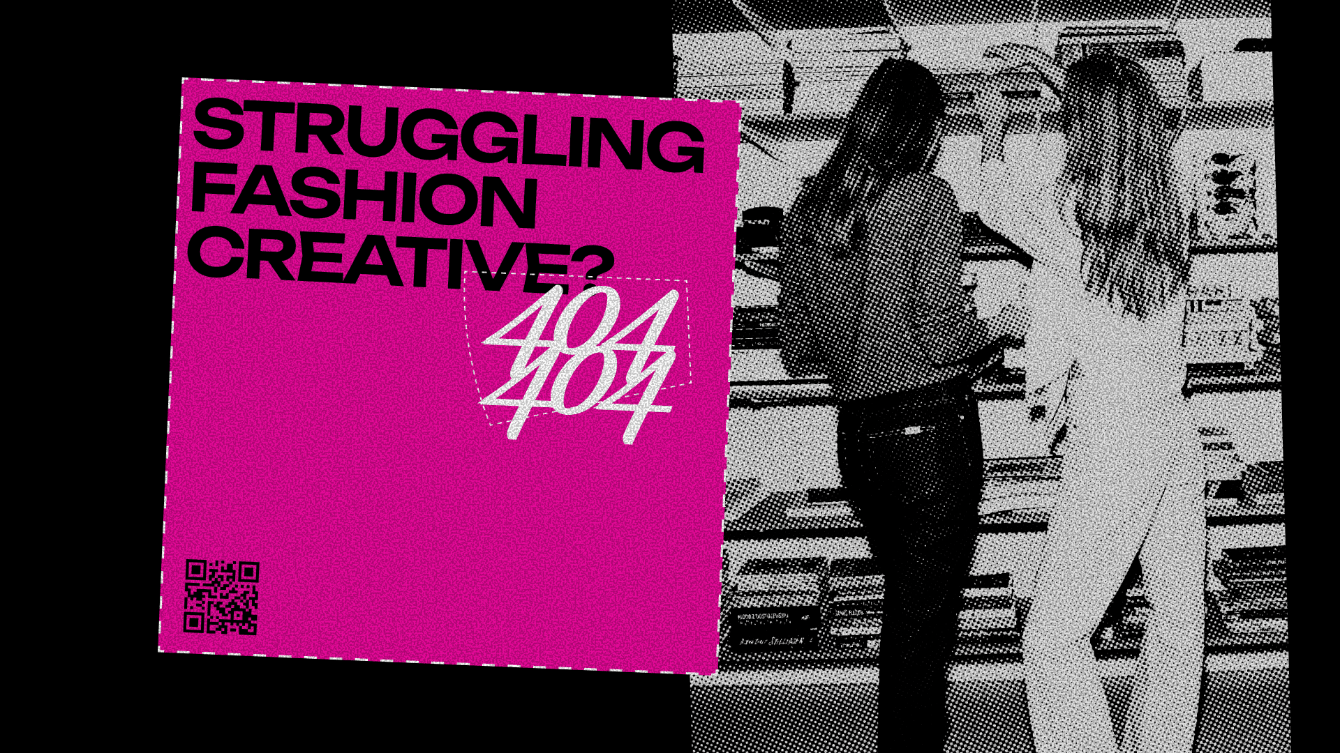 A conceptual visual representing “404” as a platform that turns absence and error into a supportive space for independent fashion designers navigating instability.
