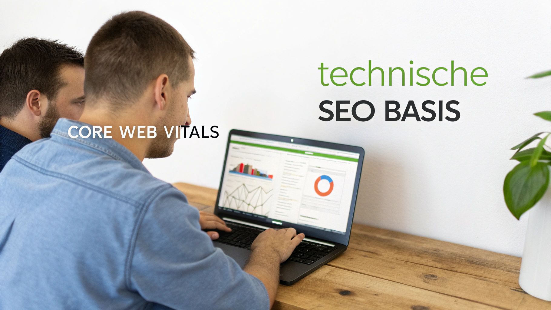 Twee mannen optimaliseren website prestaties via Core Web Vitals en technische SEO op laptop.