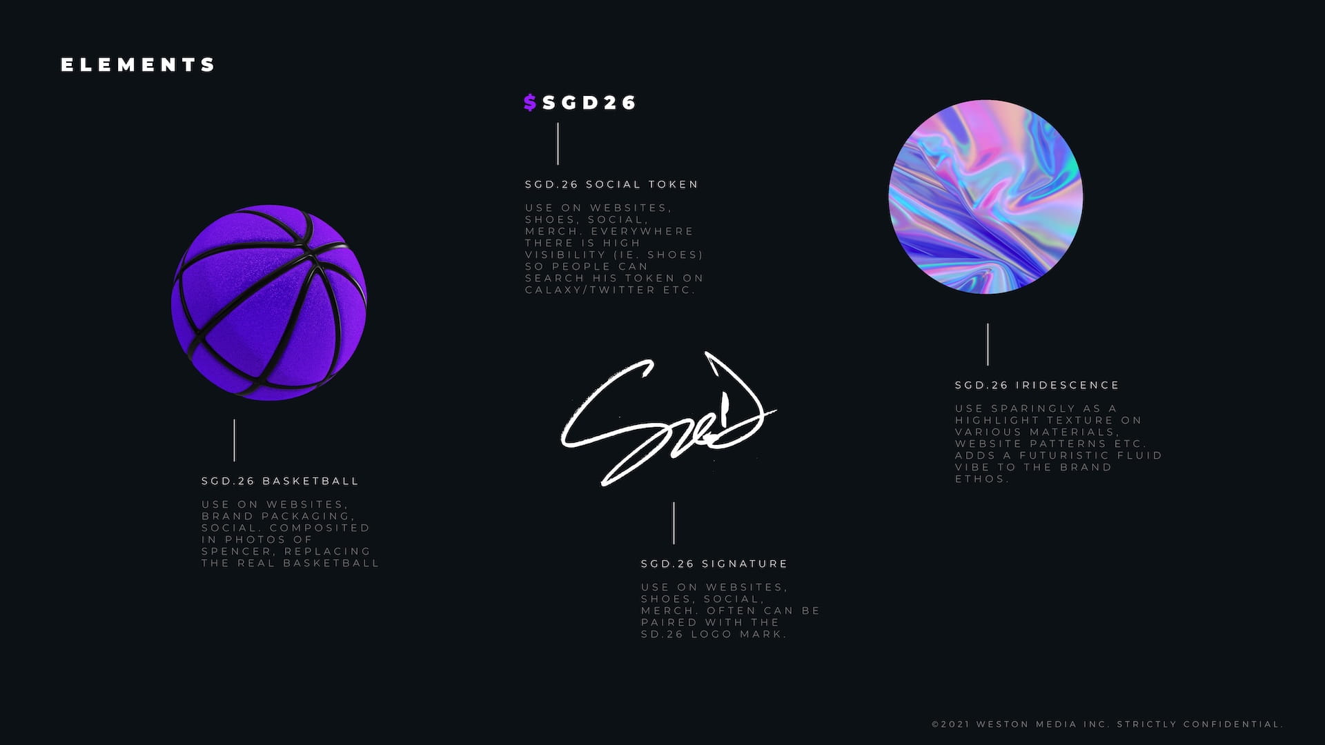 SD.26 brand elements page showing purple basketball, $SGD26 social token, iridescent texture, and Spencer Dinwiddie signature with usage guidelines