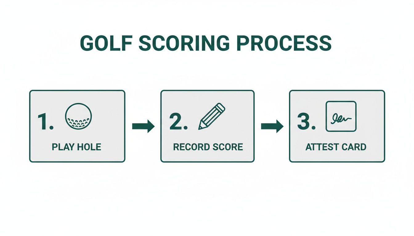 Flowchart illustrating the golf scoring process with three steps: play, record, and attest.