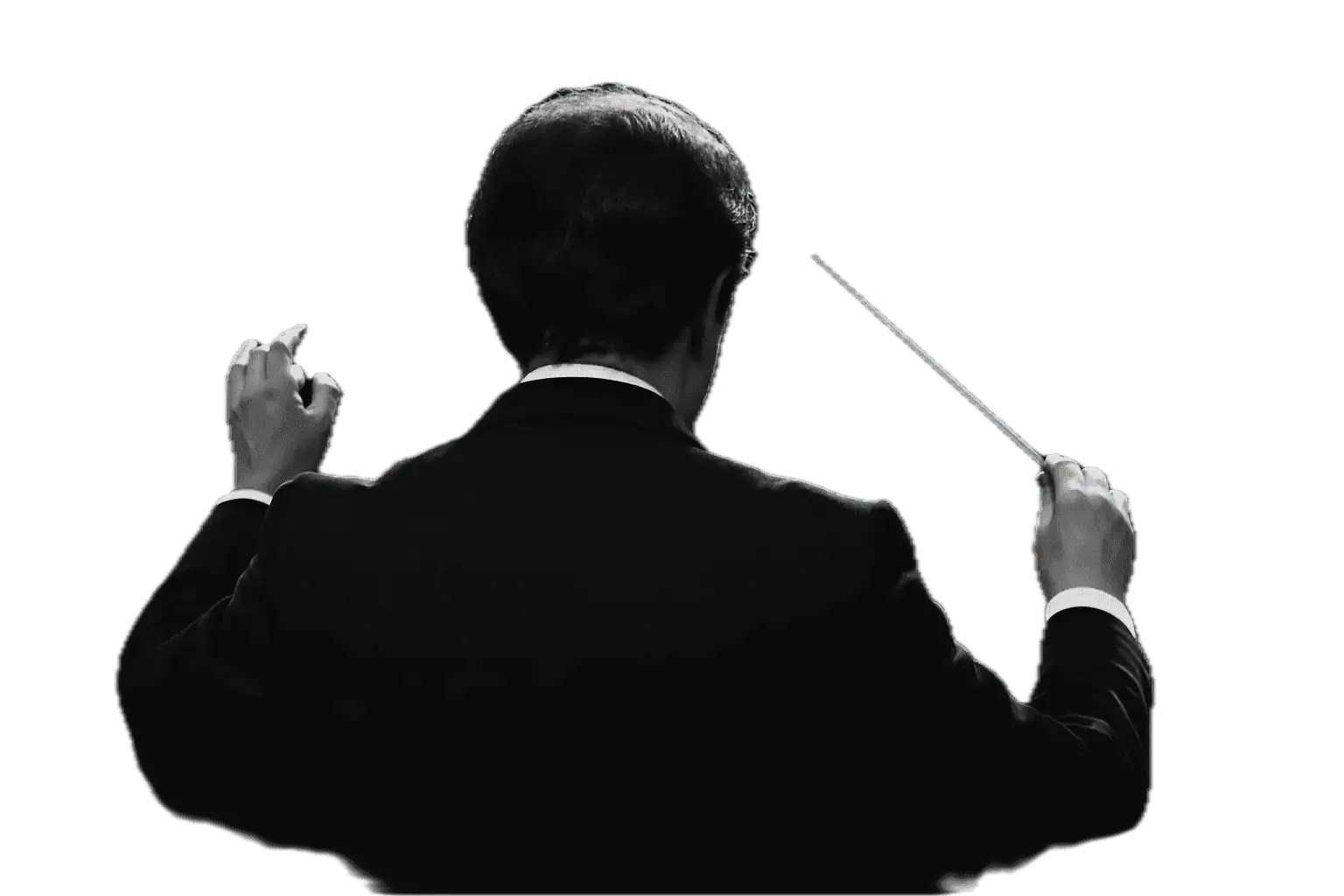 A black and white view of a conductor from behind, holding a baton against a dark blue background