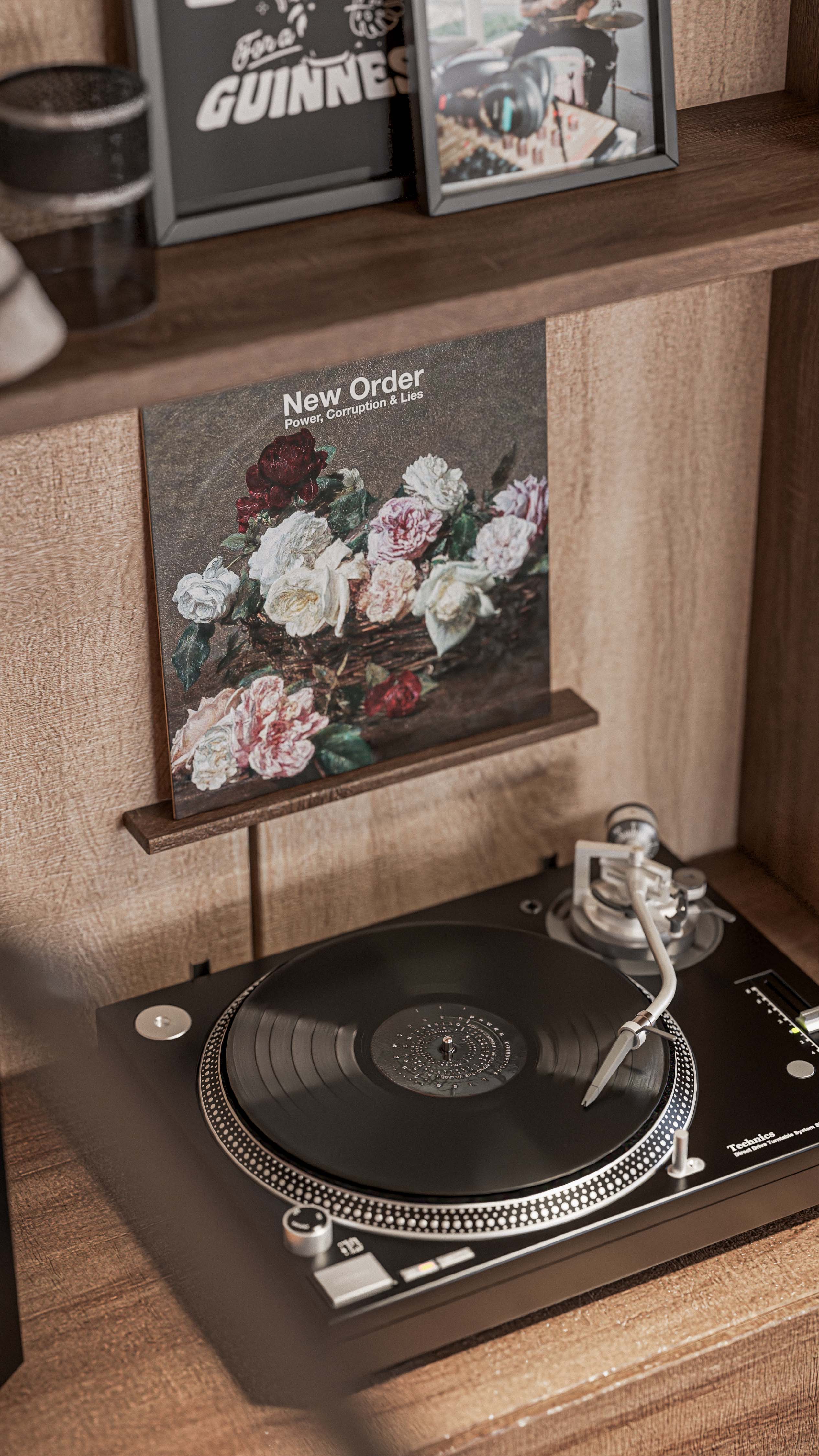 Photorealistic CGI retail interior visualisation by James Lyons of PixelSpaces for Bound Manchester, featuring a vinyl record player, curated lifestyle displays, bespoke timber joinery and premium fashion retail design within the future Northern Quarter store