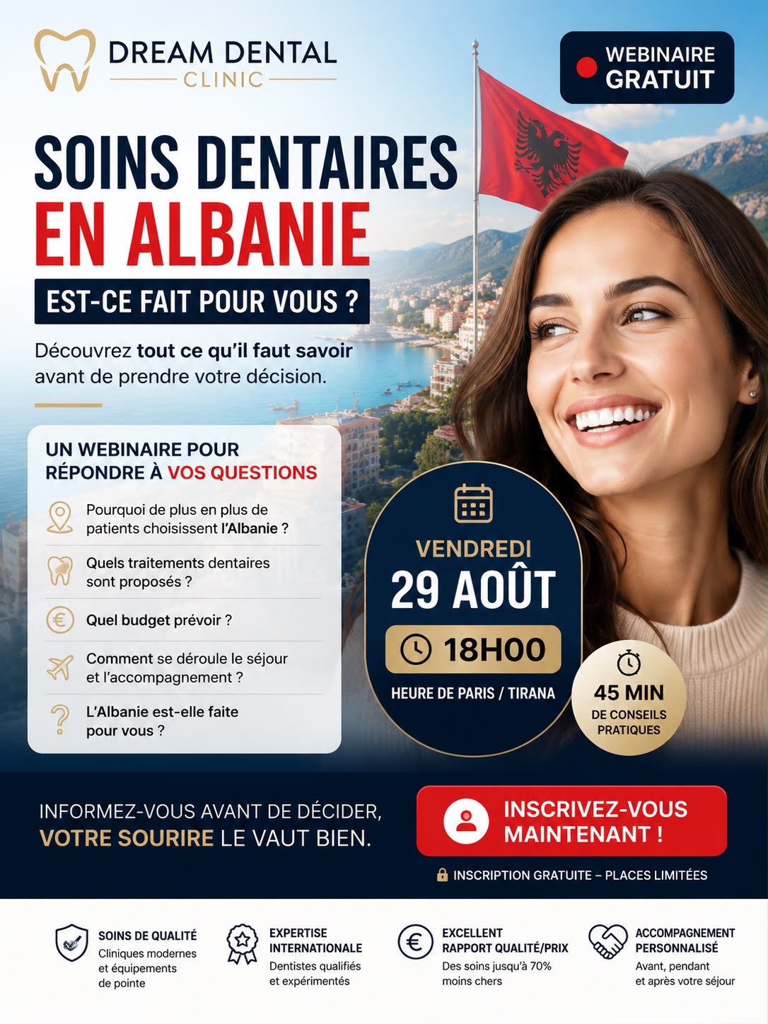 Affiche du webinaire gratuit sur les soins dentaires en Albanie