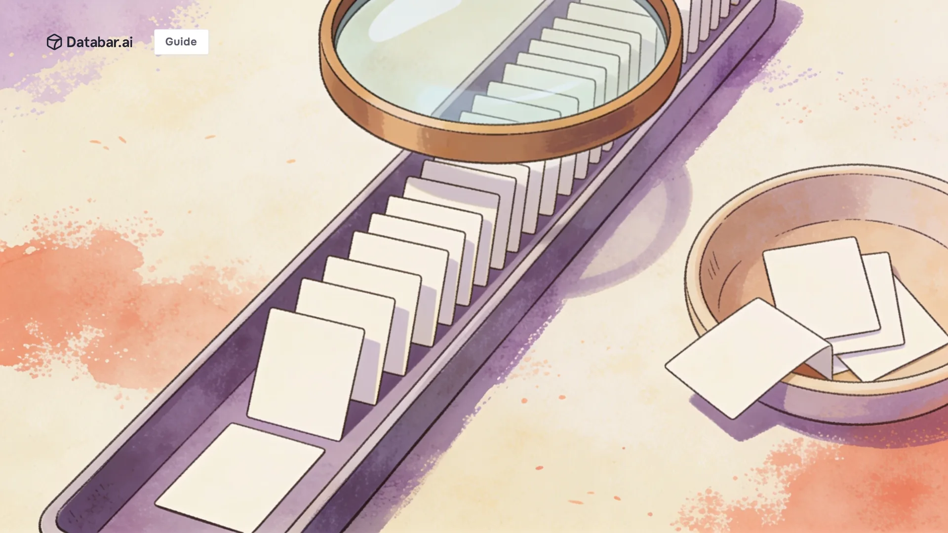 Illustration of blank cards passing under a magnifier with a few pulled aside — How to Audit Your CRM Data Quality with Claude Code