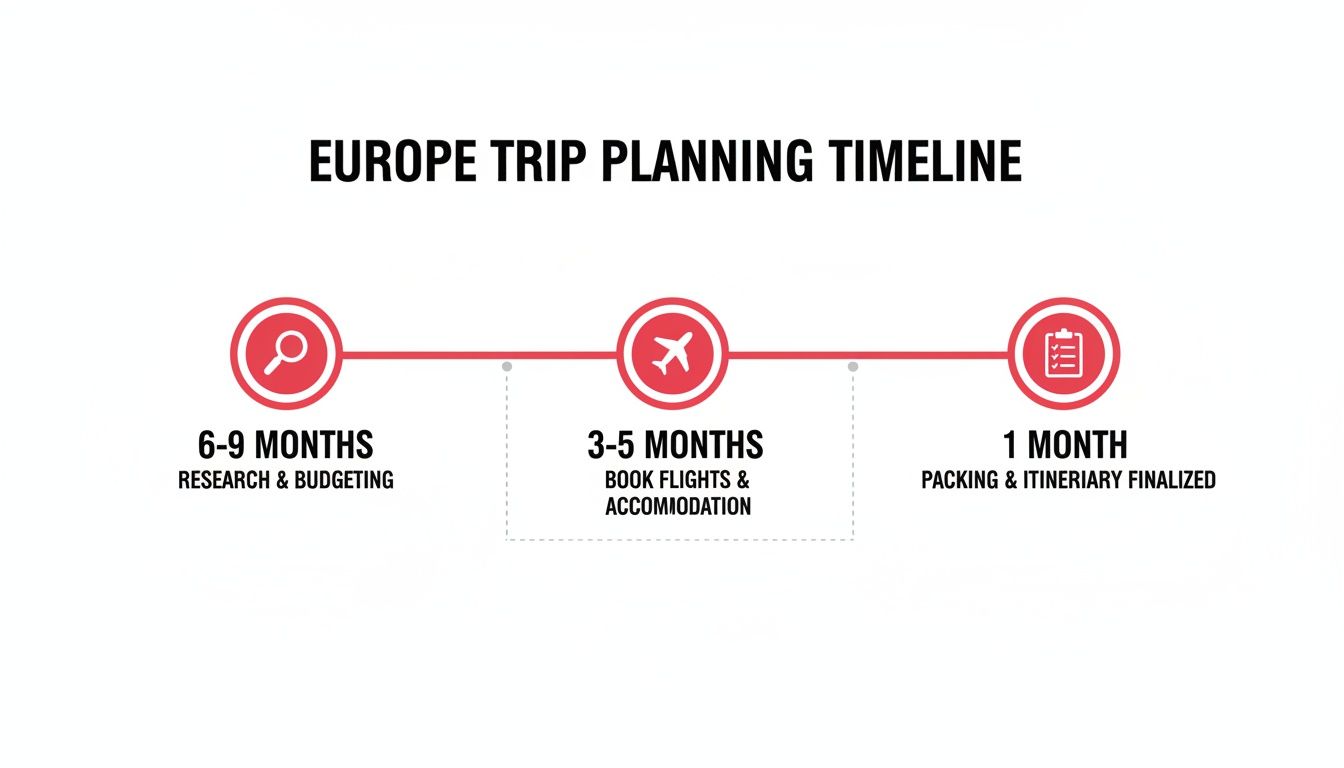 Timeline illustrating key stages for planning a Europe trip: research, booking flights, and finalizing details.