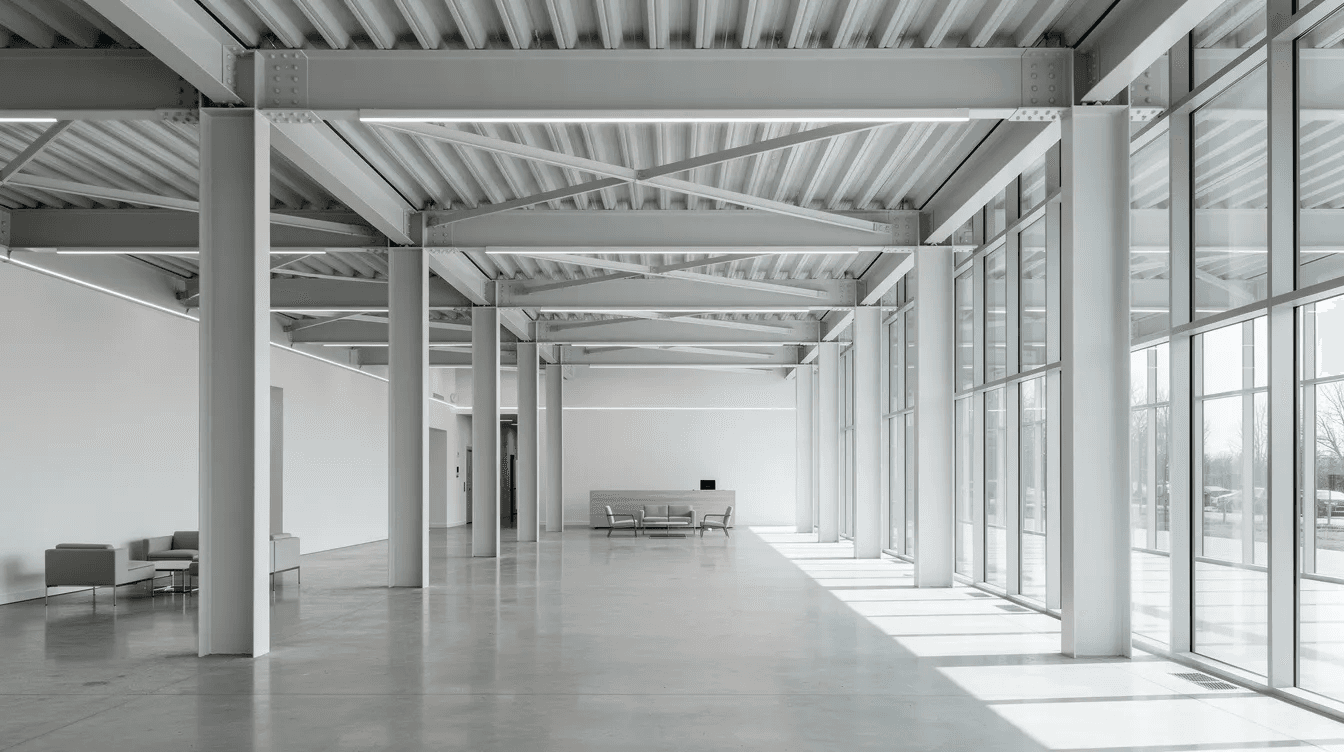 The image depicts a clean, modern commercial building interior featuring exposed painted steel beams and columns, which serve as striking architectural elements. This design highlights the structural integrity of steel structures while emphasizing the importance of fire protection through materials like sprayed fire resistant material and intumescent fireproofing.