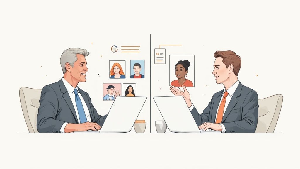 A leader on a video call, engaging with a remote team displayed on a large screen.