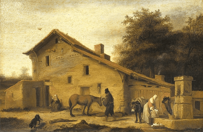 An old countryside scene with a two-story house, trees, and figures engaged in daily activities.