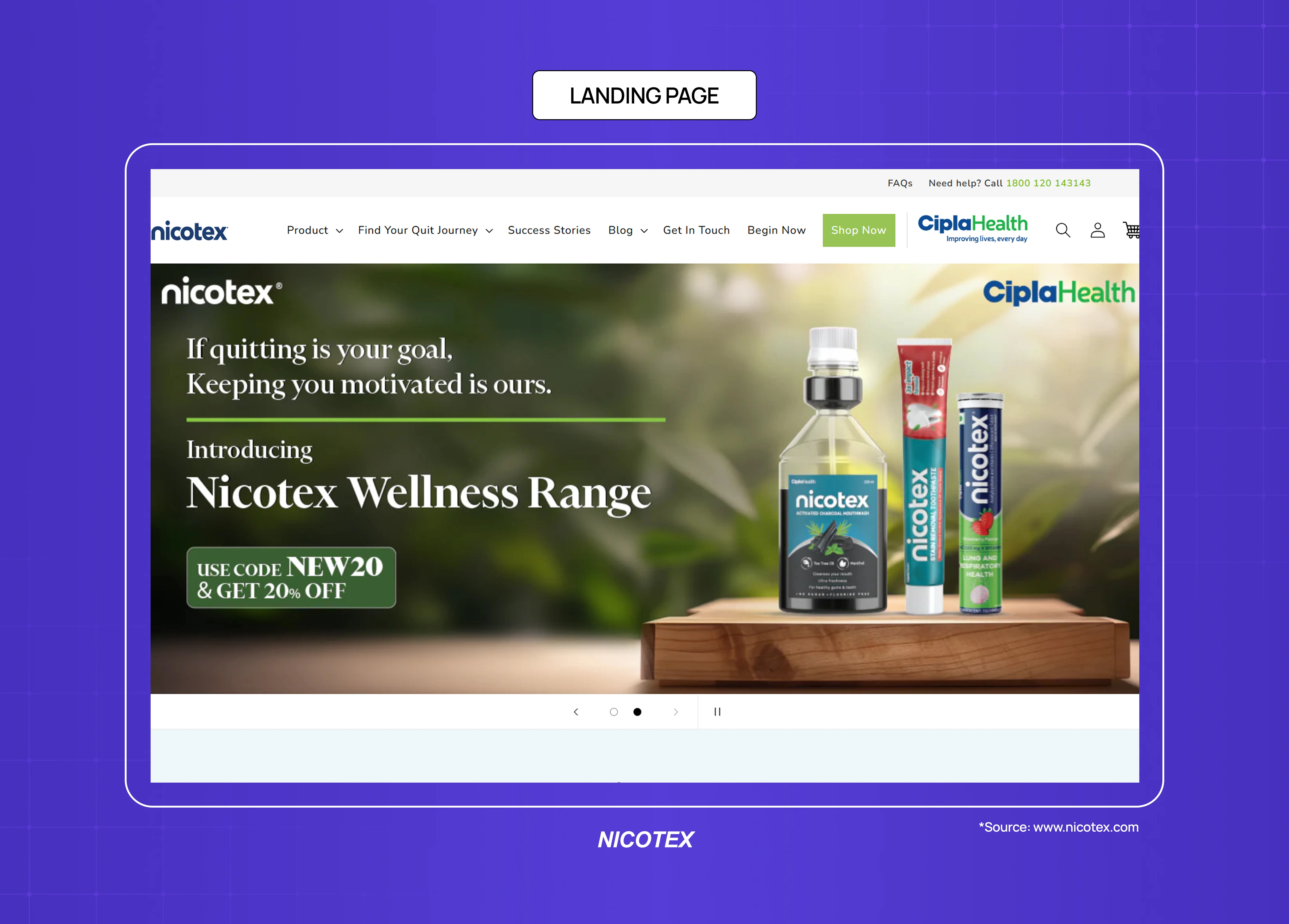 Nicotex landing page featuring wellness product promotions, ecommerce navigation, and branded product imagery.