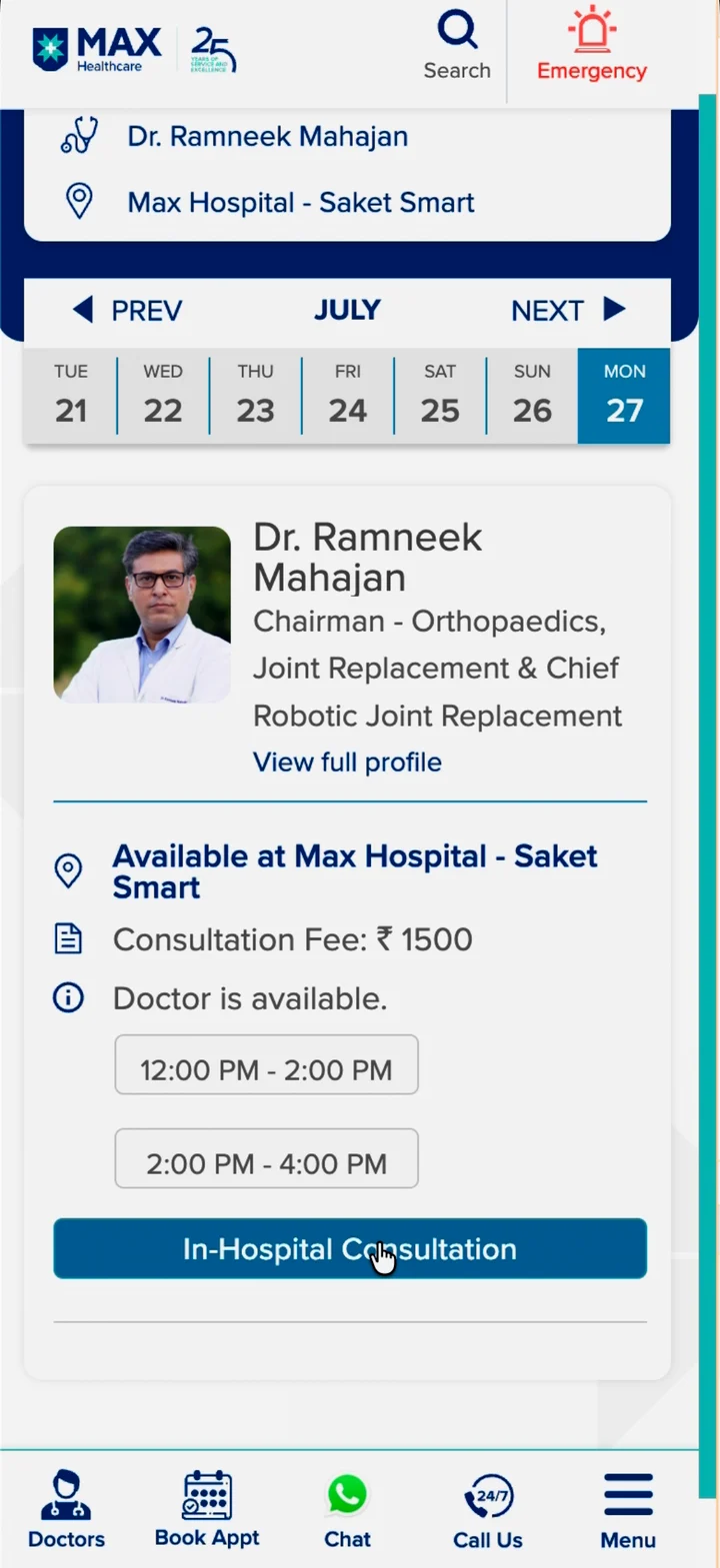 Dr Ramneek Mahajan's availability at Max Smart Saket - consultation fee, time slots, In-Hospital Consultation.