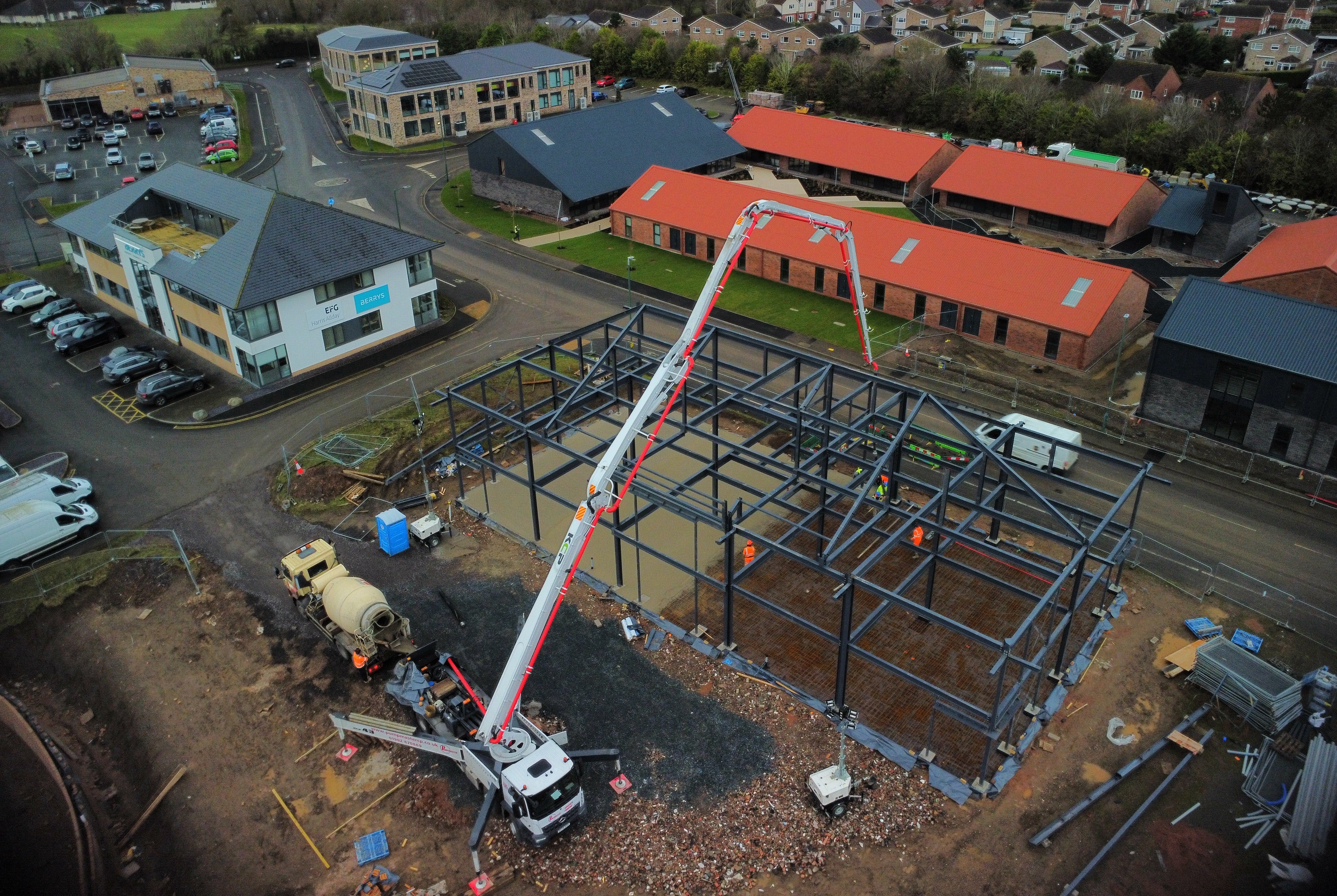 Aerial view of steel frame construction at Shrewsbury Business Park by Matrix IDC in Shrewsbury, Shropshire