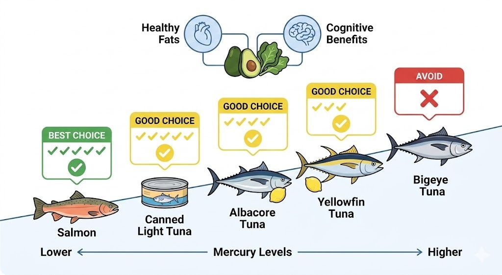 An infographic guide to safe seafood for pregnancy, illustrating fish ordered by increasing mercury levels. It shows Salmon and Canned Light Tuna as a "Best Choice" and "Good Choice" providing cognitive and healthy fats, with Albacore Tuna, Yellowfin Tuna, and Bigeye Tuna ranked from left to right as having increasingly higher mercury levels, with Bigeye Tuna marked as "Avoid".
