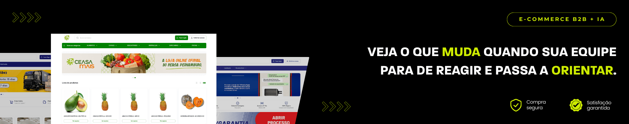 Banner horizontal com fundo escuro, ícones de segurança e satisfação, e imagens de lojas B2B exibidas à esquerda. Elementos gráficos em verde destacam o tema de e-commerce B2B com IA.