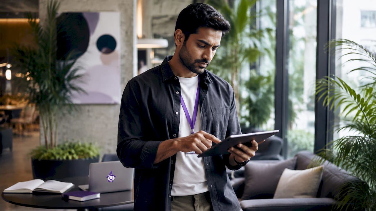 Analyst reviewing PPC campaign data at desk in office