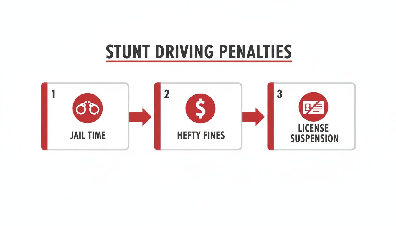 Infographic showing stunt driving penalties: jail time, hefty fines, and license suspension with icons.