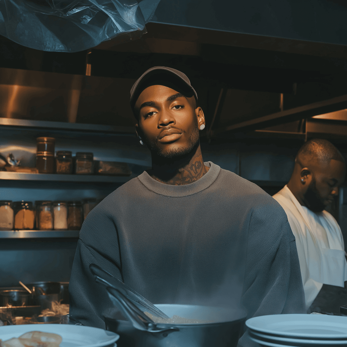 A young, tattooed Black man wearing a dark sweatshirt and a baseball cap stands looking intently at the camera in a dimly lit commercial kitchen, with stainless steel surfaces and jars of spices visible.