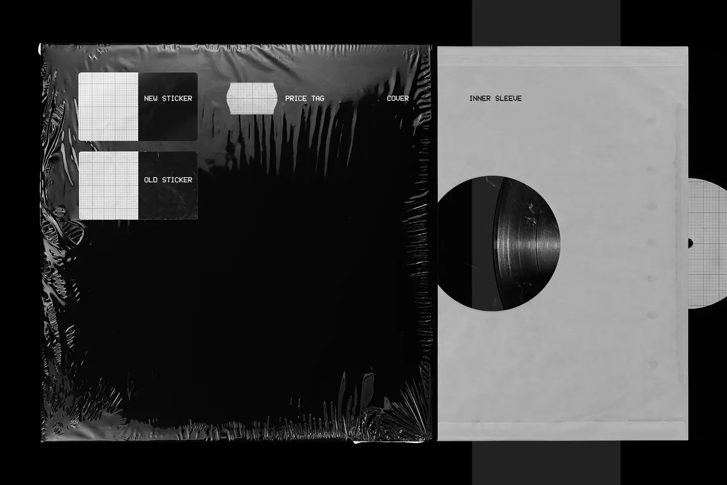 Vinyl record mockup with editable stickers including old label and price tag