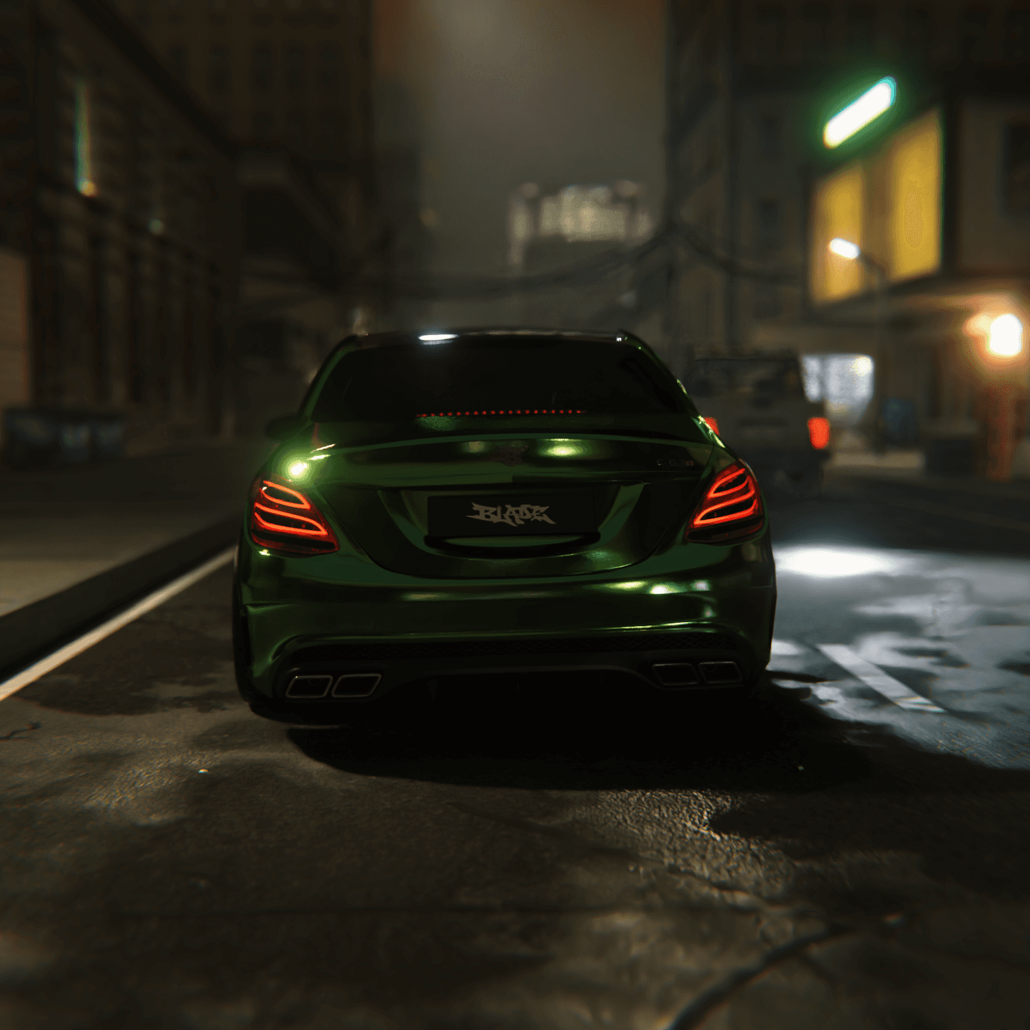 Blade Clothing Green Car Mercedes Benz Speeding through city streets at night