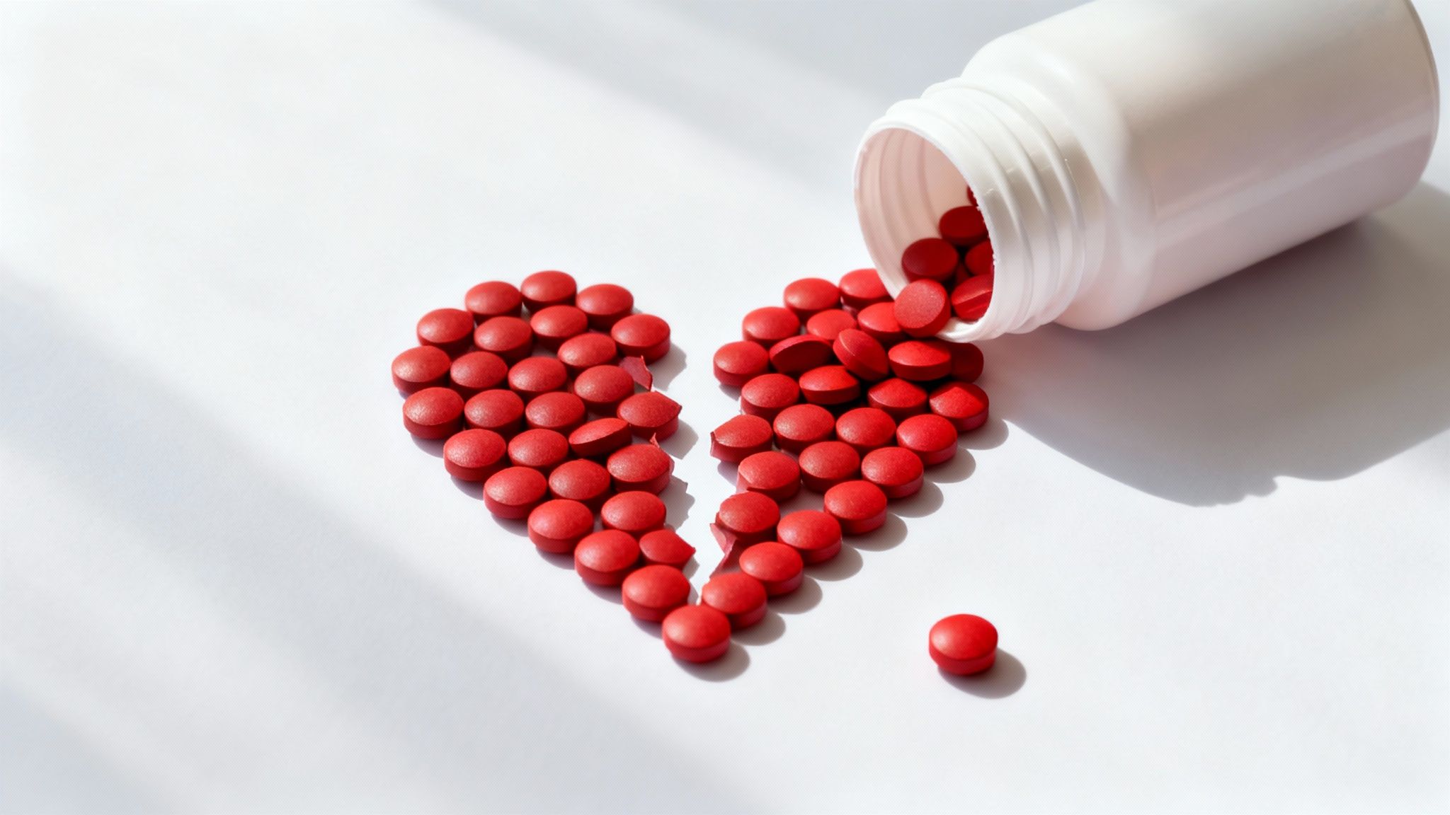 Red pills arranged in heart shape spilling from white bottle representing pharmaceutical product liability