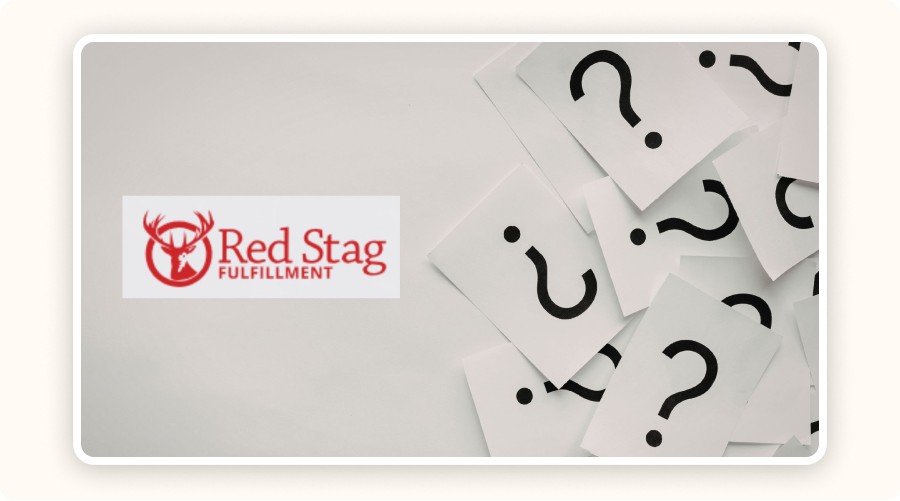Red Stag Fulfillment logo beside scattered question mark cards