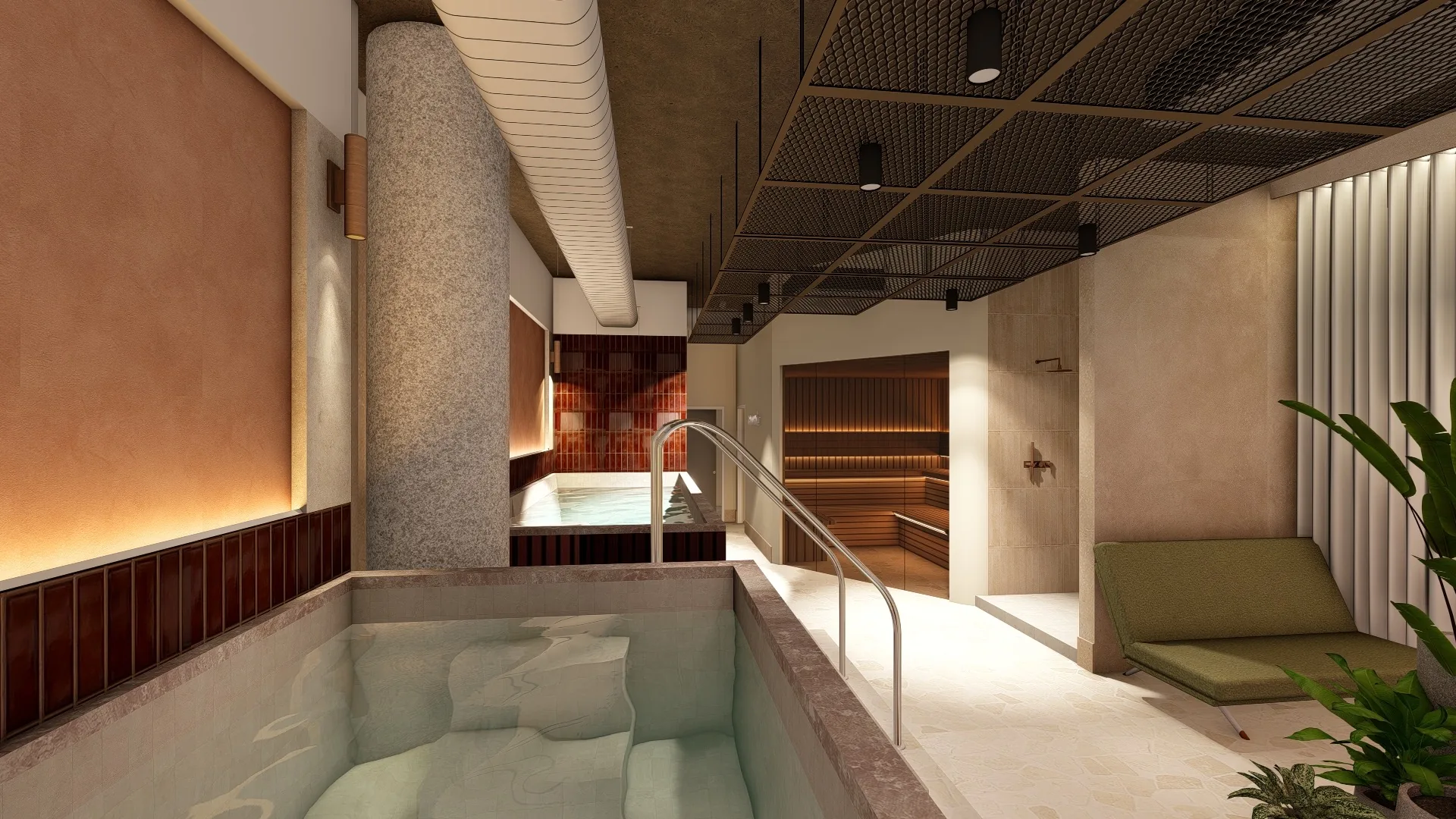 A calm spa with a plunge pool, sauna door and lounge seating