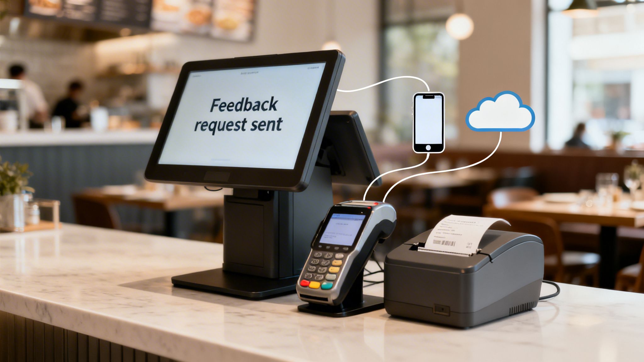 Restaurant counter with a POS system displaying