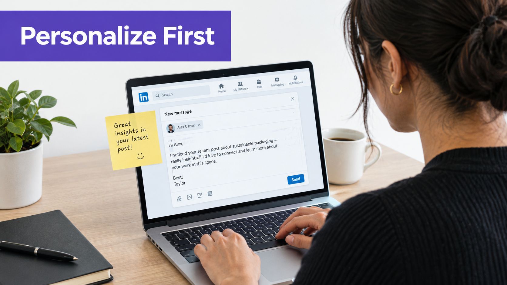 A woman typing a personalized LinkedIn connection message on her laptop to improve social selling engagement.