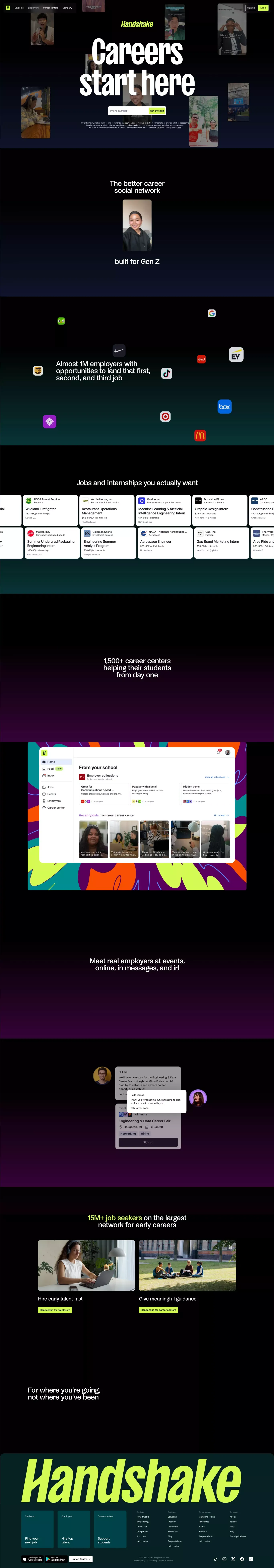 Handshake: Careers start here portfolio page screenshot showcasing Marketing and Tech design