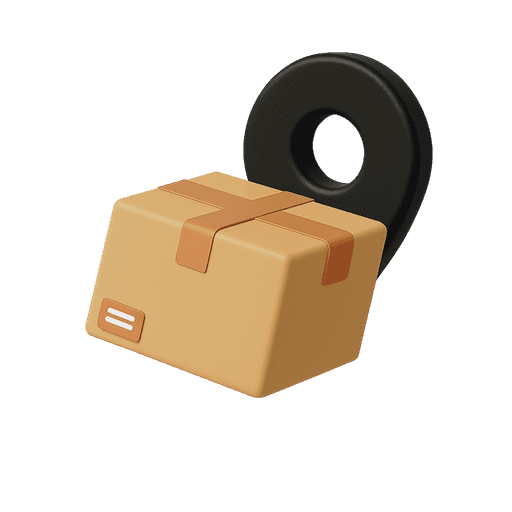 A box with a prominent black location icon in the background.