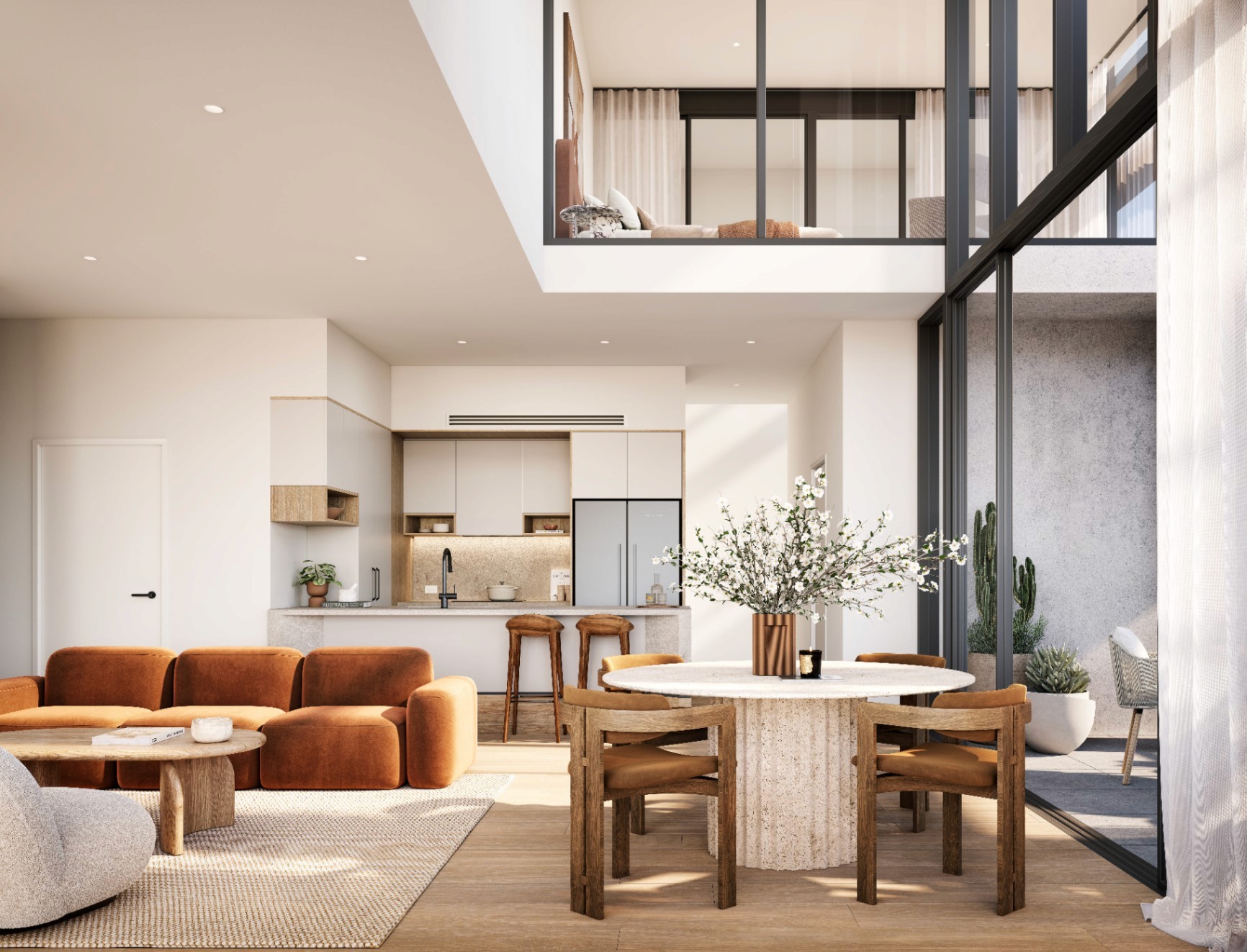 Refined interior showcasing a designer kitchen, dining area, and lounge with natural materials and contemporary styling.