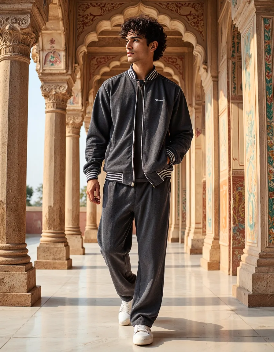 Modern black tracksuit outfit photographed in ornate historical corridor with intricate carved columns and decorated archways