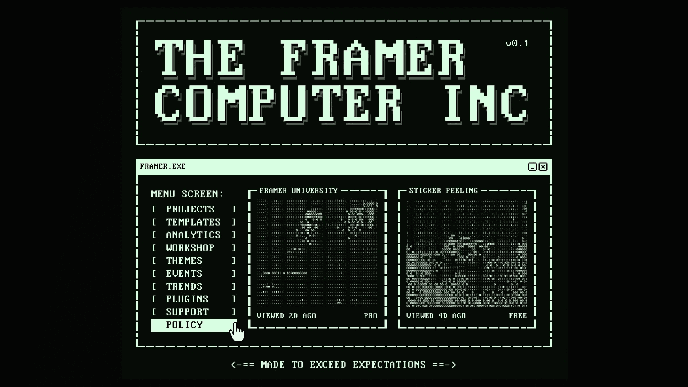 Retro computer terminal interface with pixelated menu design