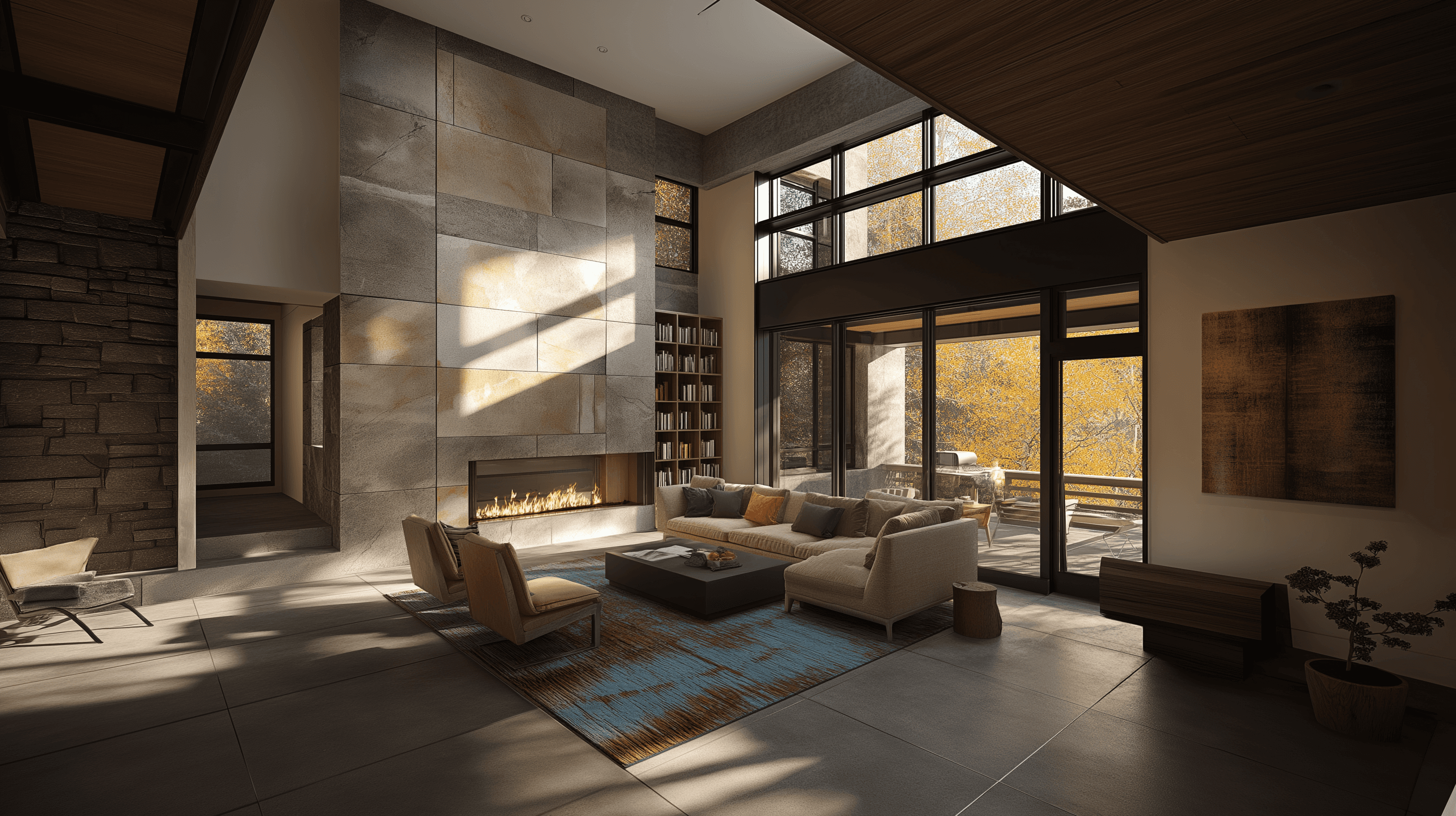 a living room filled with furniture and a large window