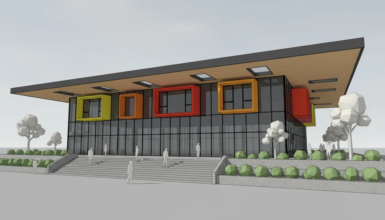A low-angle, eye-level perspective 3D architectural render of a modern two-story building, SketchUp style. The building has a large, flat, dark charcoal cantilevered roof with a light wood soffit and inset rectangular skylights. The facade is a black-framed glass curtain wall, with second-story windows recessed into vibrant yellow, orange, and red boxes. The foreground features wide concrete steps, terraced planters with low-poly green bushes, and stylized translucent trees. Abstract white silhouette figures populate the scene, giving it a sense of scale. The lighting is soft global illumination, simulating a bright, overcast day.