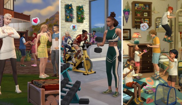 Screenshot Les Sims 4 À l’Aventure PC – scènes de vie intérieure avec personnages qui dansent, discutent et s’amusent sur KeyVerse Gaming
