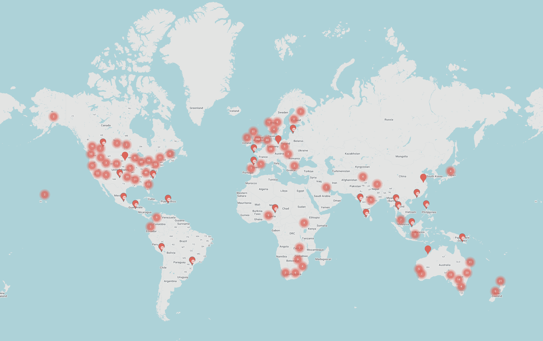 World map showing 24-7 Prayer rooms across every continent